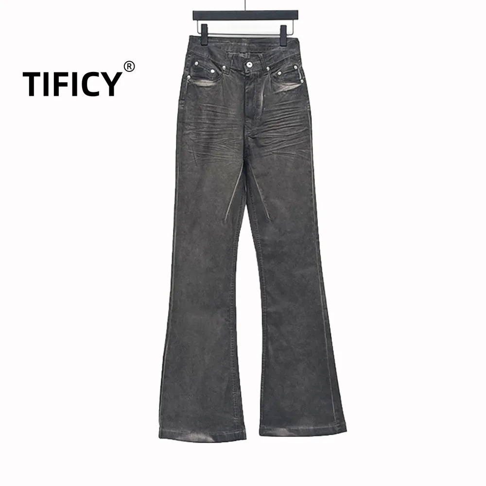 RO Style Denim Pants Men's Washed Grey Slim Fit Elastic High Waisted Casual Flared Jeans Floor Pants Hand Brushed Waxed Pants