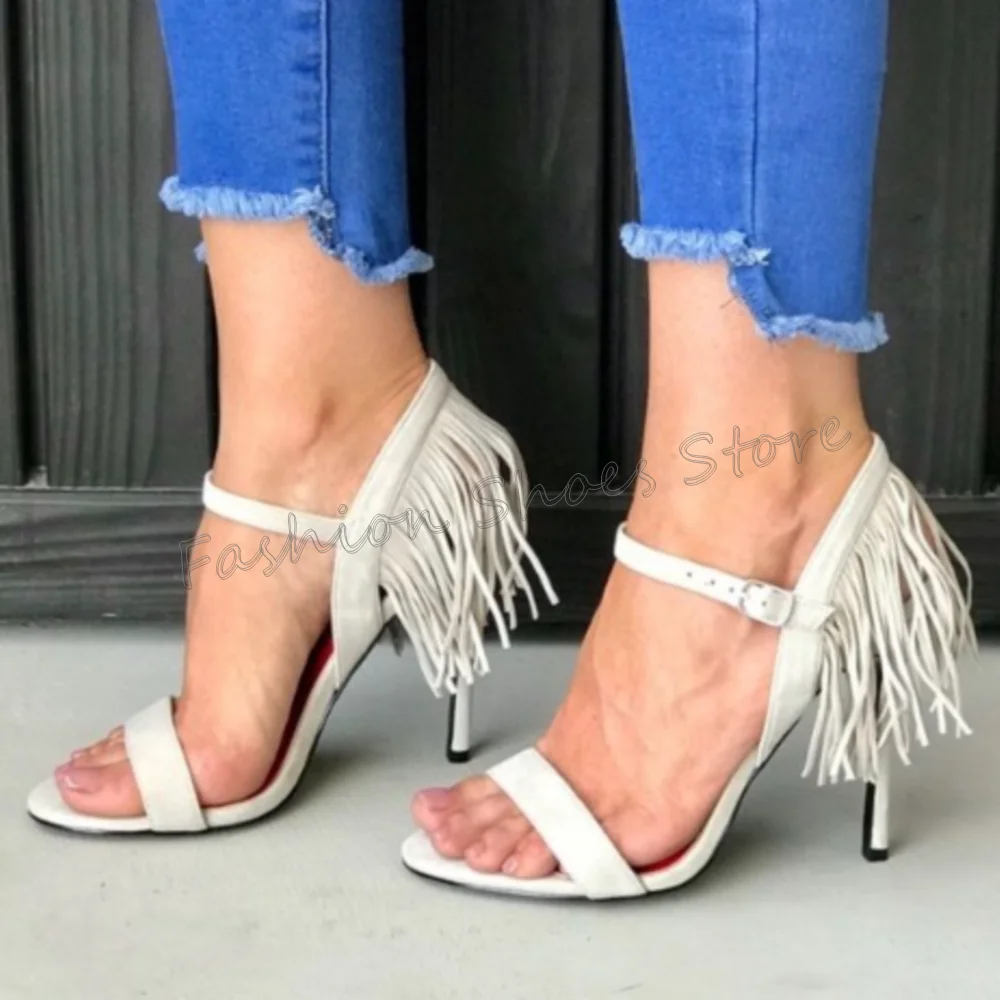 

White Tassels Decor Buckle Strap Sandals Open Toe Women Shoes Stilettos High Heels Party Banquet Dating 2025 Zapatos Para Mujere