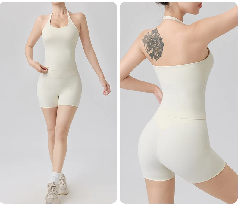 2-teiliges Sport-Set mit Neckholder-Top und Riemchen-BH, Shorts, nahtlosem Yoga- und Fitness-Leggings-Set, Lauf- und Fitness-Sportshorts-Anzug für Damen – Detail 6