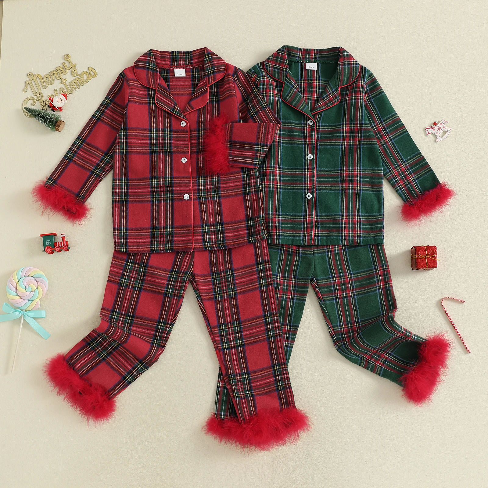 2026 عيد الميلاد فتاة صغيرة عيد الميلاد منقوشة بيجامة مجموعة غامض تقليم كم طويل بلايز ومرونة الخصر السراويل 2 قطعة ملابس خاصة الزي #1