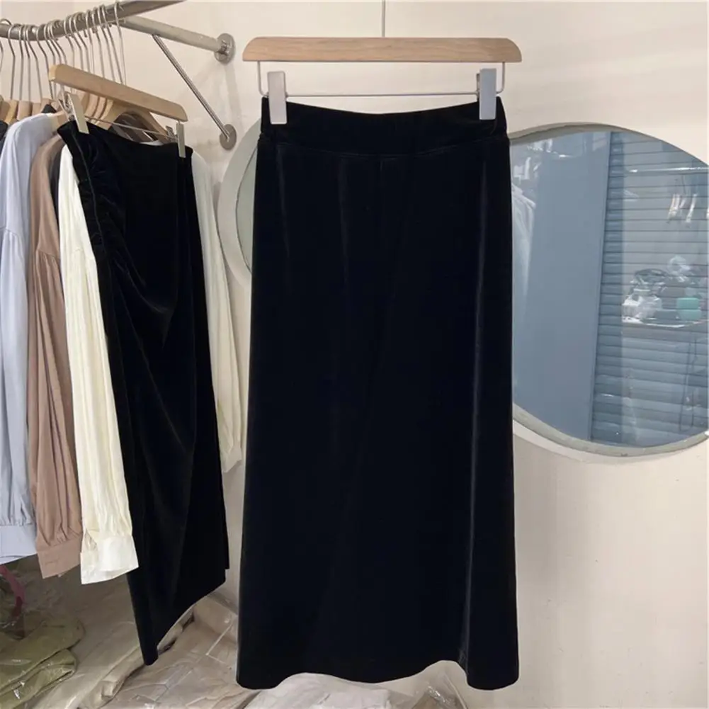 Straight Skirt Soft Elastic Waist Women's Maxi Skirt with Split Hem Solid Color Straight Style Breathable Loose Ankle Length