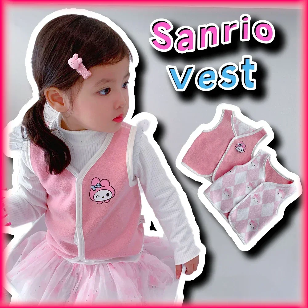 Kawaii My Melody Kids Spring Autumn Short Thicken Reversible Vest Sanrio Anime Cute Fashion Children Sleeveless Warm Top