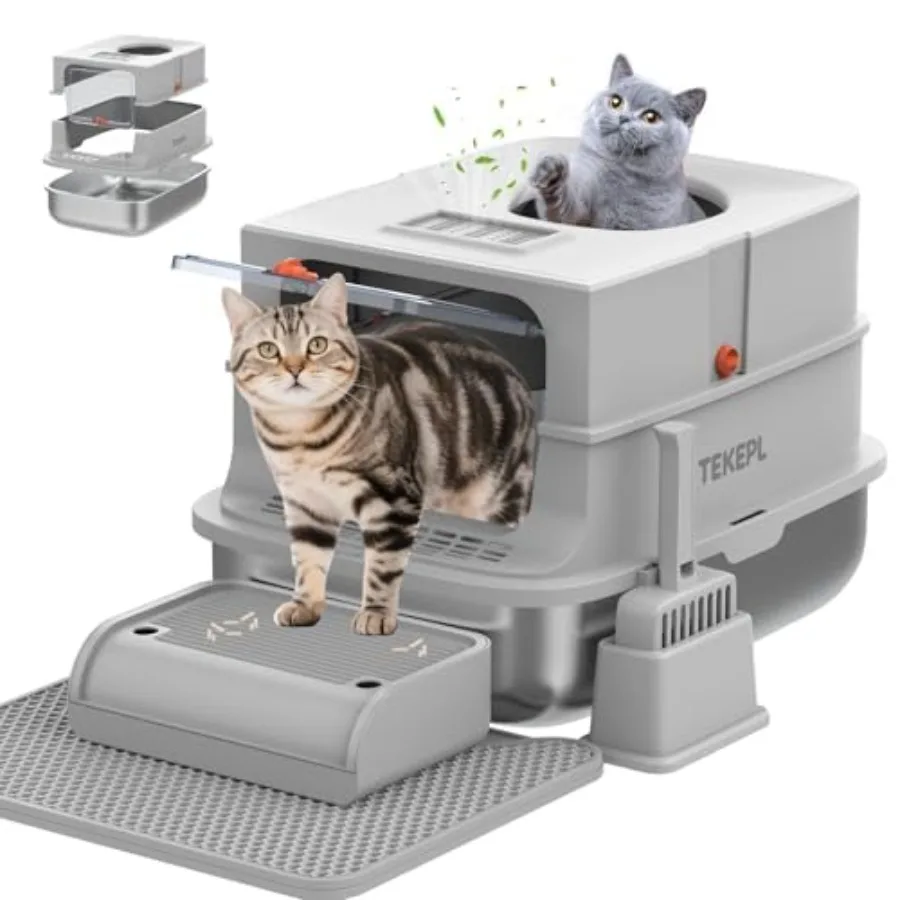 

Stainless Steel Litter Box with Lid, Top Entry Litter Box, Extra Large Cat Litter Box, High Sided, Anti-Urine Leakage, Non-Stic