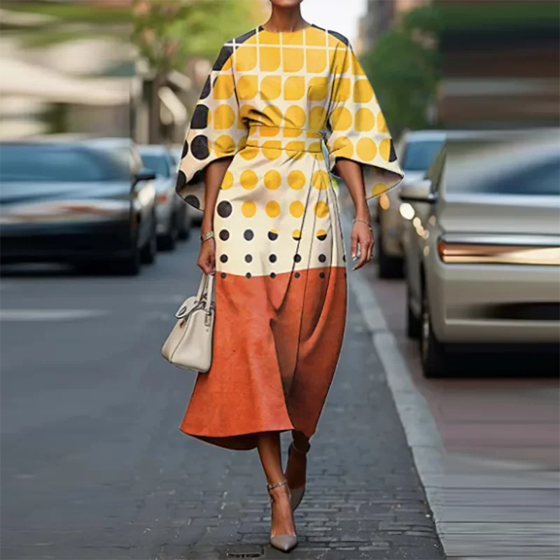 أنيقة طاقم الياقة شريط طباعة فستان طويل عادية المرأة مطوي فستان الحفلات الربيع خمر مطبوعة Batwing كم تخفيف فستان #4