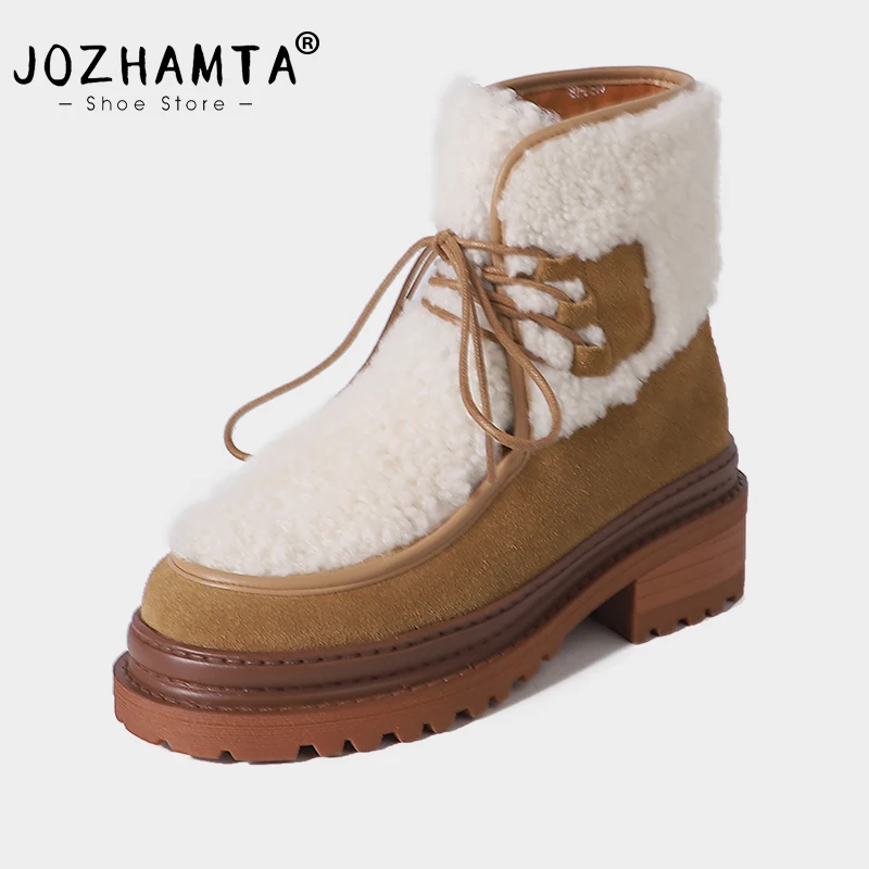 JOZHAMTA Size 34-40 Women Mid-Calf Boots Fashion Warm Plush British Booties High Snow Boots Female Thick Wool Soles Heels Boots