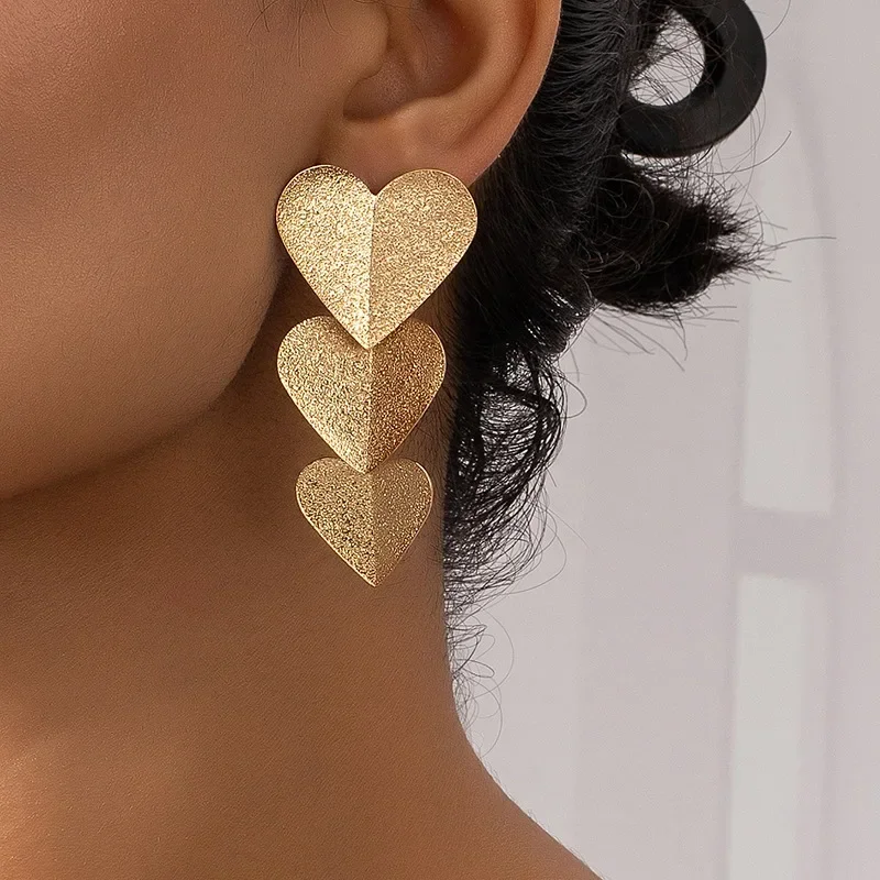 

Punk Metal Layered 3 Heart Earrings Gold Plated Eardrop For Wome