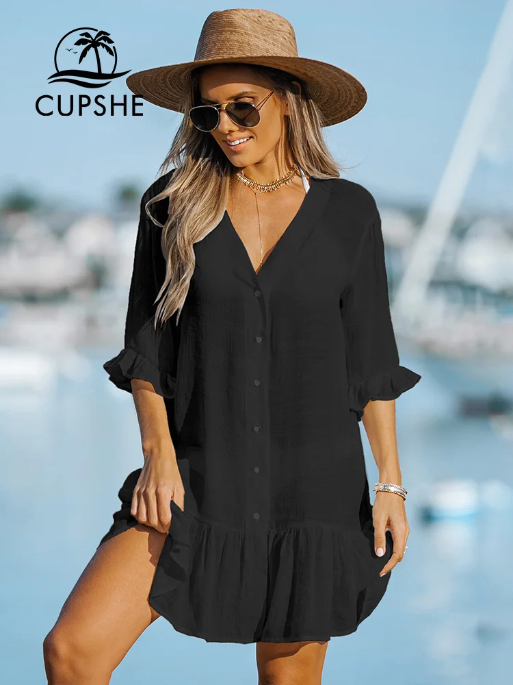 CUPSHE Ruffled Long Sleeve Bikini Cover Up For Women Shirt Beach Dress Tunic Shirtdress 2023 Summer Mini Dress Beachwear