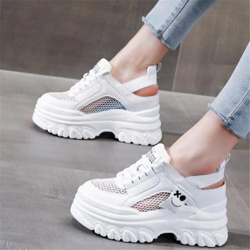 8cm Mesh Chunky White dermis Sneakers Women Summer Hollow Out Mesh Platform Sandals Woman Height Increased Casual Shoe 34 39