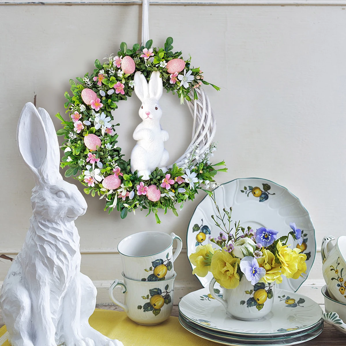 Easter Wreath Bunny Decorations Home Artificial Lavender Easter Bunny Flowers Wreath for Front Door Outdoor Wall Decor Ornament