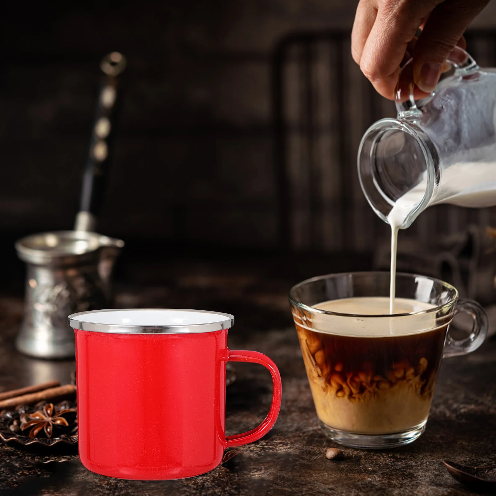 

Enamel Cup 500ml Stainless Steel Rim Elegant Design for Hot Cold Beverages Home Office Outdoor Adventures Travel