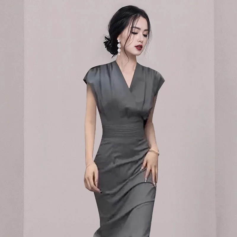 New Elegant Summer Gray Long Sheath Dress Fashion Women V Neck Short Sleeve  Slim Waist Ladies Office Bodycon Pencil Midi Vestido - AliExpress 200000345