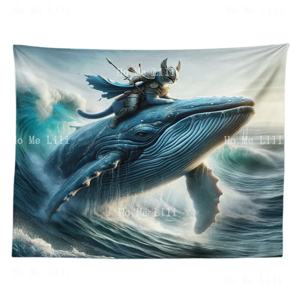 Funny Warrior Cat In Traditional Clothes Riding A Whale Dramatic Ocean Waves Tapestry Decor For Bedroom Living Room