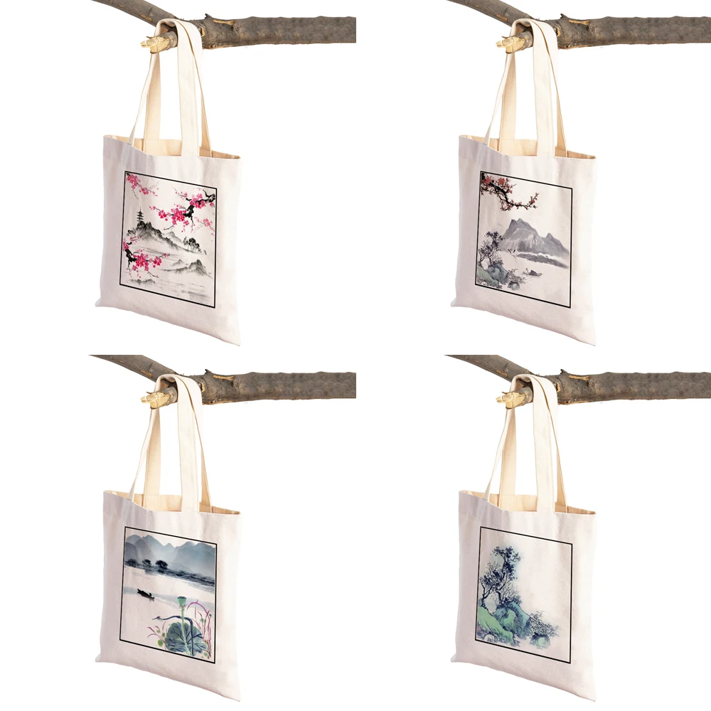 Ladies Supermarket Shopper Bag Chinese Ink Bamboo Shopping Bag Woman Shopper Folding Canvas Tote Travel Bags Designer Handbags