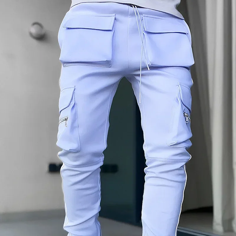 Spring Autumn Brand Gym Mens Joggers Cargo Pants Multi-Pocket Reflect Straight Sports Fitness Casual Hip Hop Trousers Sweatpants