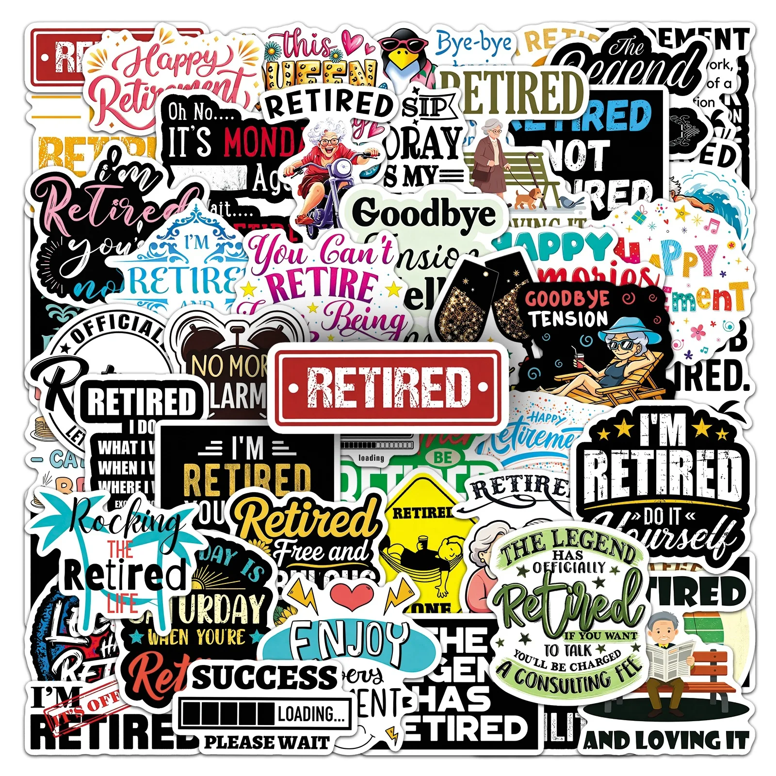 50-Pack Cartoon Retirement Life Waterproof Stickers English Phrases Decorative Decals for Guitar Notebook Stationery