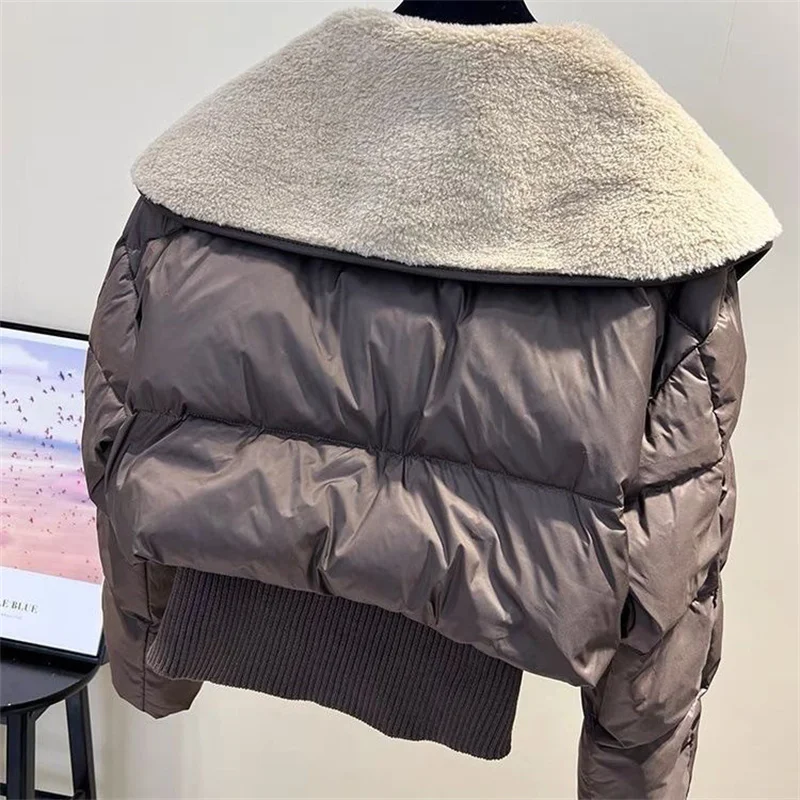 

2025 осенне-зимняя куртка женская, хлопковое пальто из овечьей шерсти, парка, короткая хлопковая куртка с большими лацканами, модная хлопковая верхняя одежда