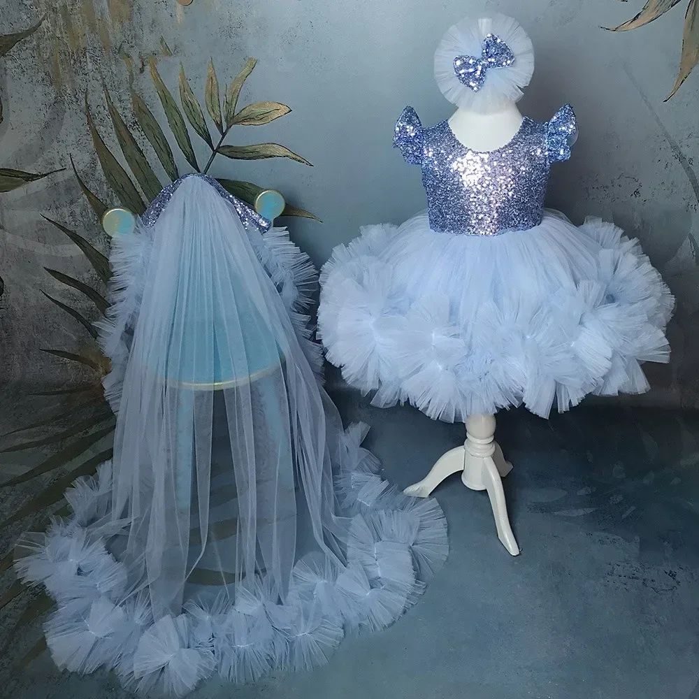 

Congtou Shining Sequins Flower Girl Dress Puffy Princess Dress With Train Bow Kid's First Communion Baby Birthday Party Gown Wed