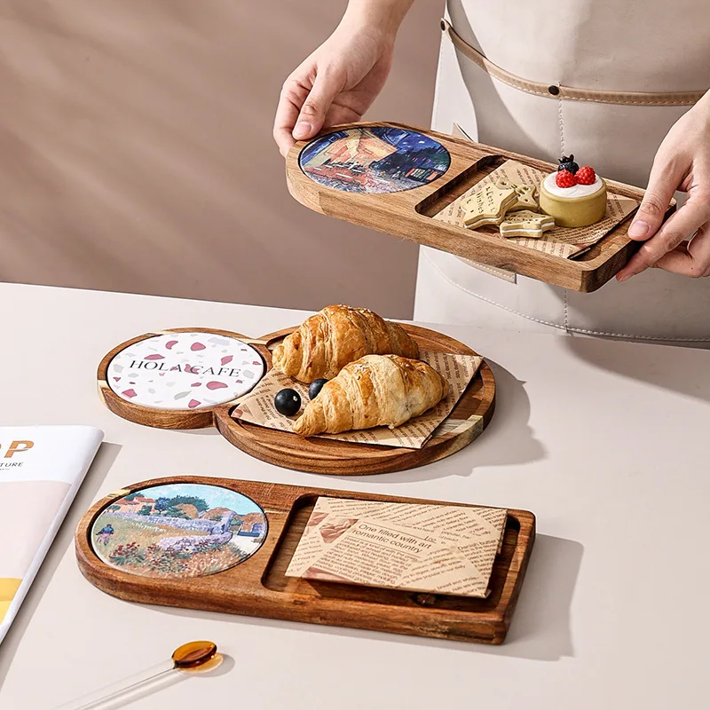 

Solid Wood Retro Bread Tray Breakfast Afternoon Tea Cake Dessert Fruit Nnack Tray Kitchen Restaurant Coffee Dessert Shop Trays
