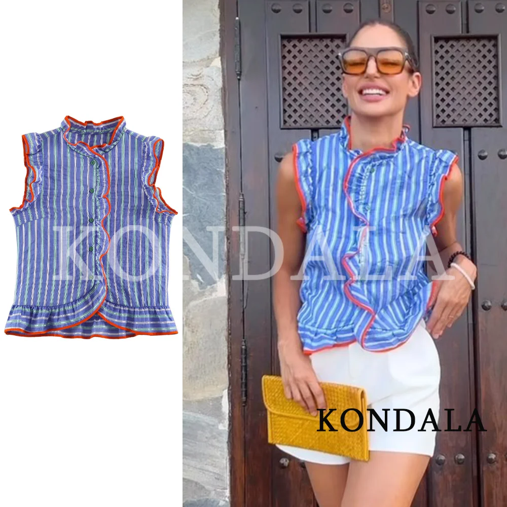 KONDALA Damen Sommer Elegantes Rüschen-Oberteil 2026 Trendiges High-Street Kontrast-Shirt Damen Urlaubs-Gestreiftes Ärmelloses Hemd