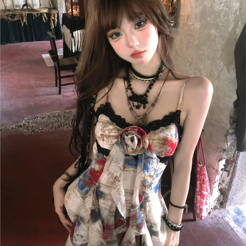 Oil painting art student halter vest women's sleeveless slimming design sense of irregular lace top