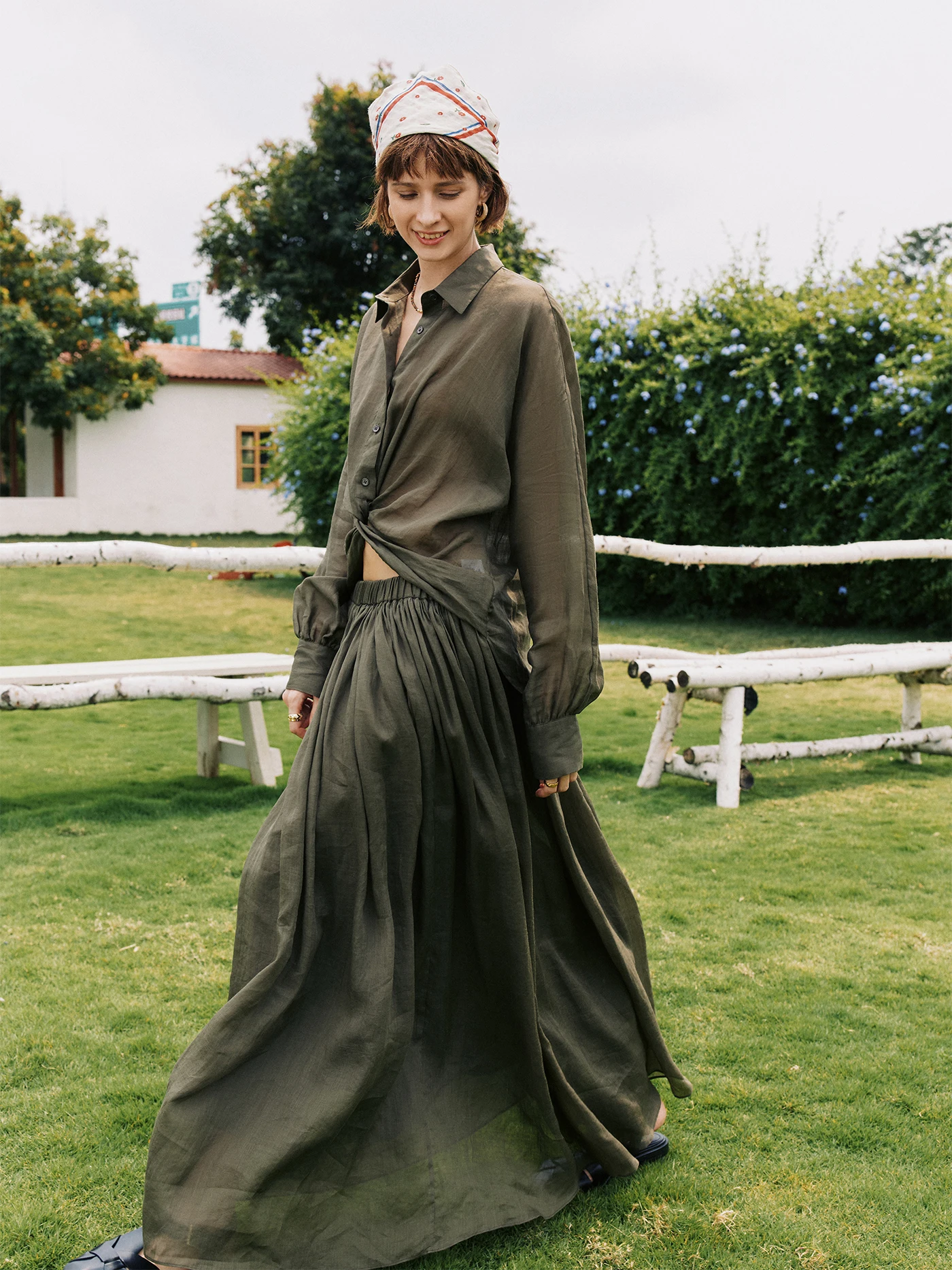 

Loose Shirt And Skirt Set with Knot Design Breathable Spring Fashion Women's High Waist Universal Fit Pure Color Two-Piece Set