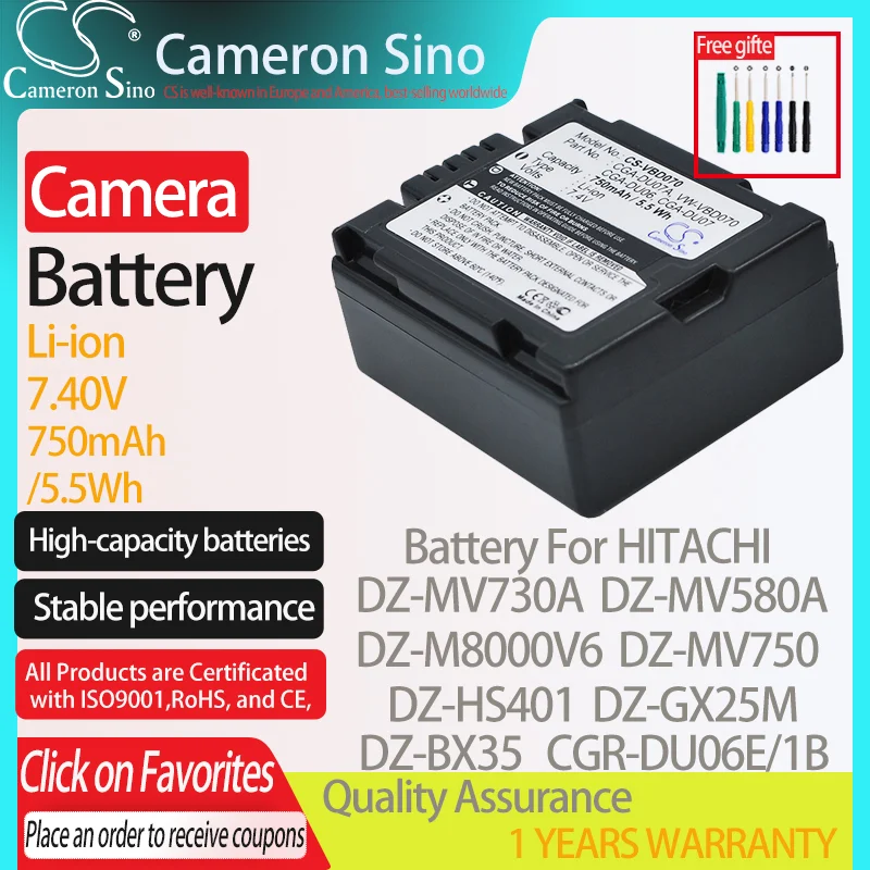 CameronSino Battery for HITACHI DZ-MV730A DZ-MV580A DZ-M8000V6 DZ-MV750 DZ-HS401 DZ-BX35 fits Panasonic CGA-DU06 camera battery