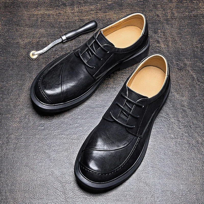 Retro Italian Mens Casual Business Derby Shoes Luxury Genuine Leather Handmade Brand Quality Autumn Round Toe Formal Shoes Man