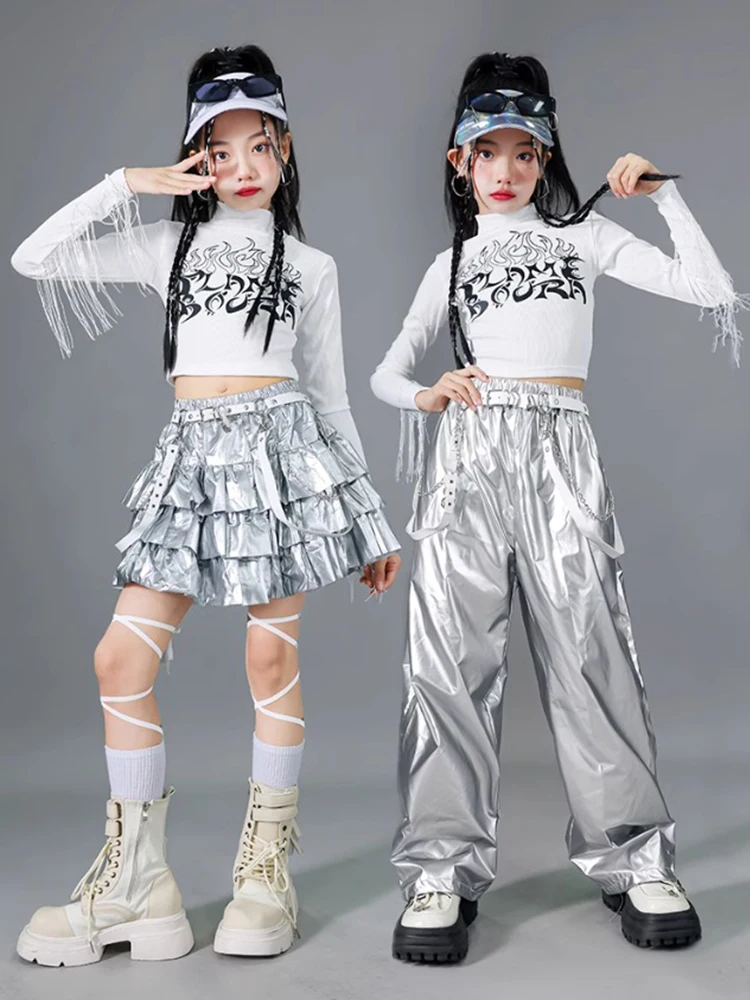 Mädchen Silber Jazz Dance Kostüm Quaste Crop Tops Hosen Rock Hip Hop Performance Kleidung Festival Bühne Set Straße Tragen BL14478
