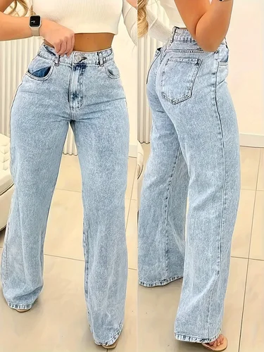 Pantalones vaqueros de mujer azules lavados con copos de nieve rectos de cintura alta estilo Y2K de otoño 2025 para estilo callejero y aspecto elegante