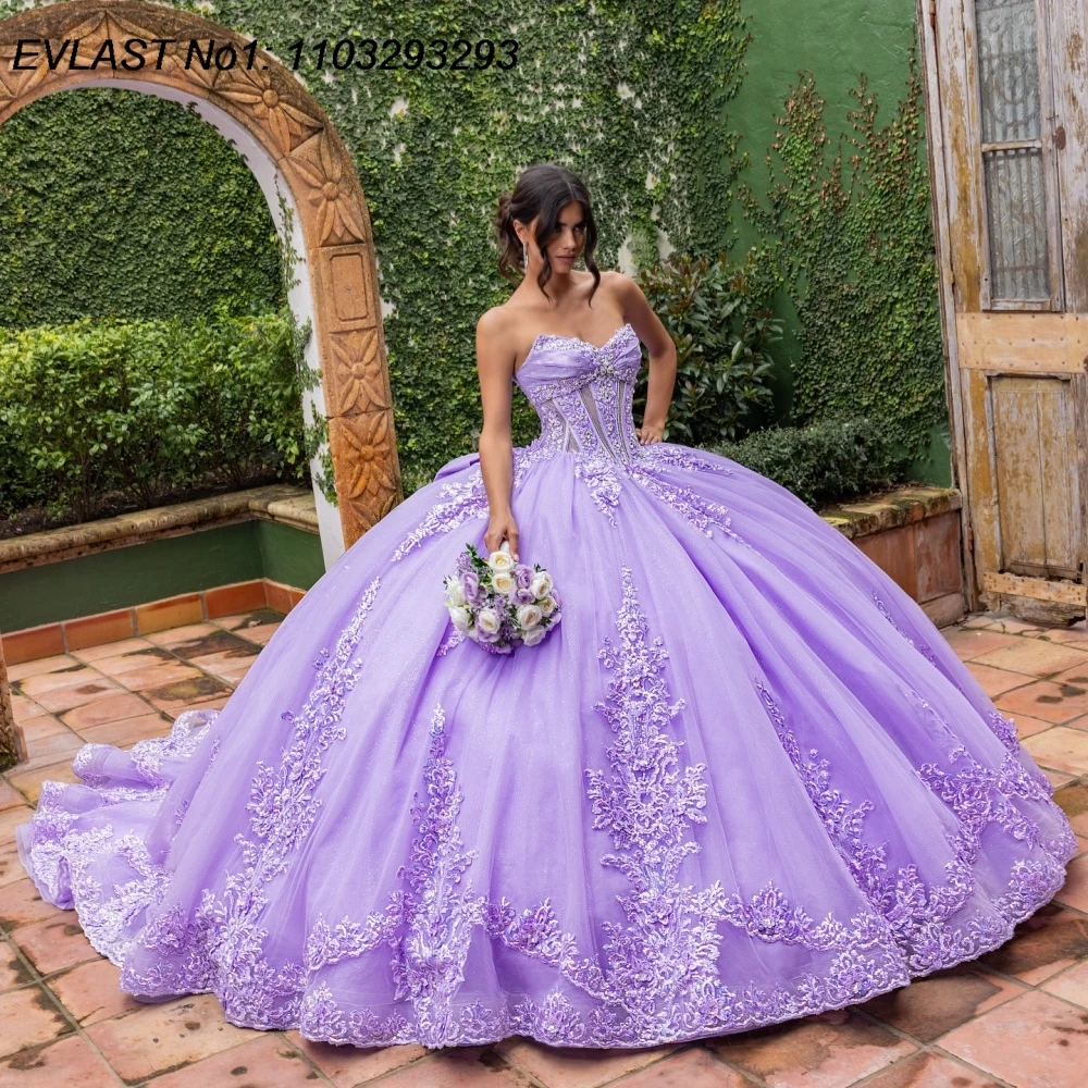 

EVLAST индивидуальное мексиканское сиреневое бальное платье Quinceanera платье с цветочной кружевной аппликацией и бантом из бисера Sweet 16, Vestidos De 15 Anos E1QN10