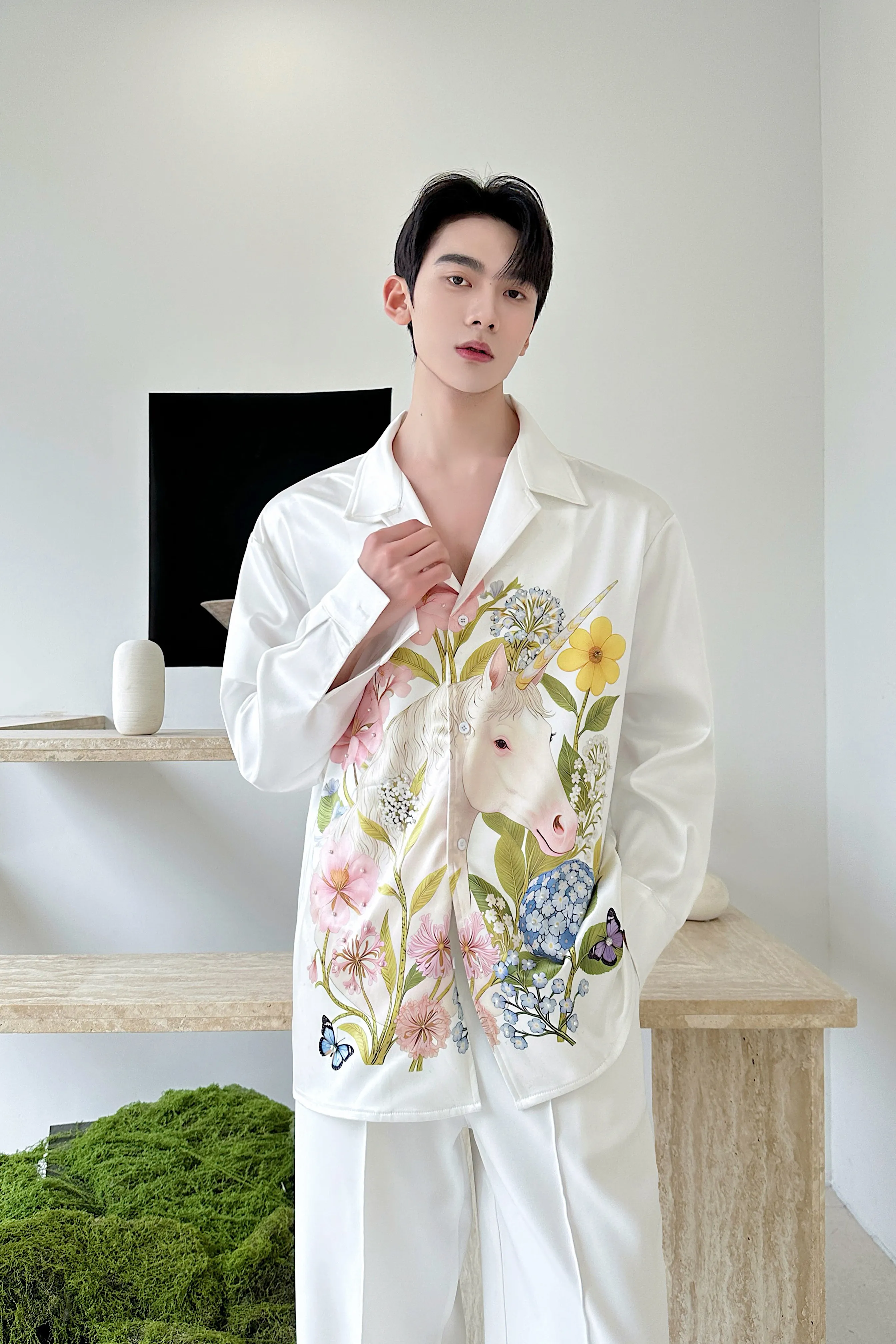 Luxury White Printed Shirts Men Clothing 2026 High Quality Fashion Pearl Studded with Diamonds Long Sleeve Casual Men's Shirt