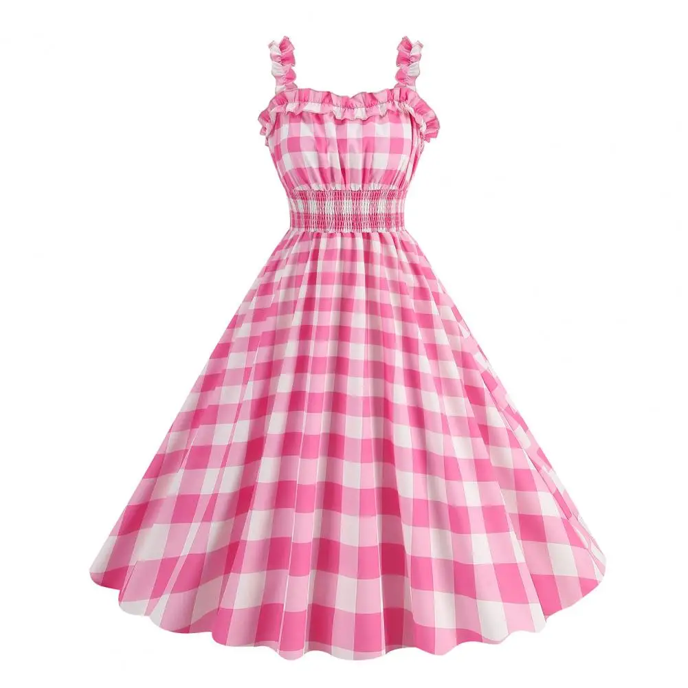 Women Dress Princess Style A-line Big Hem Shirring Ruffle Color Matching Tight Elastic Waist Sleeveless Christmas Party Prom Dre