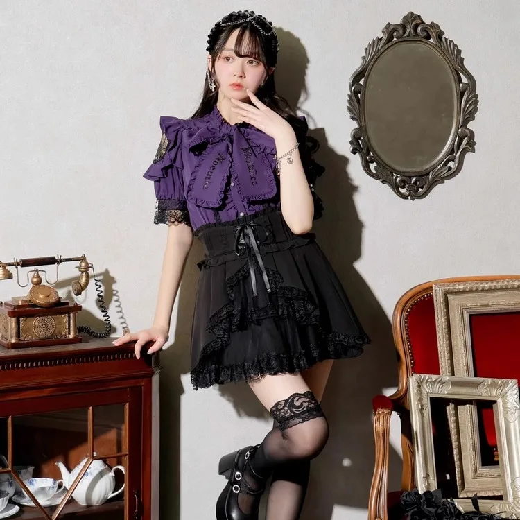 Japanese Lolita Gothic Ruffles Off-Shoulder Bow Short Sleeve Top 2025 Summer New Embroidered Lace Short Sleeve Personality Shirt