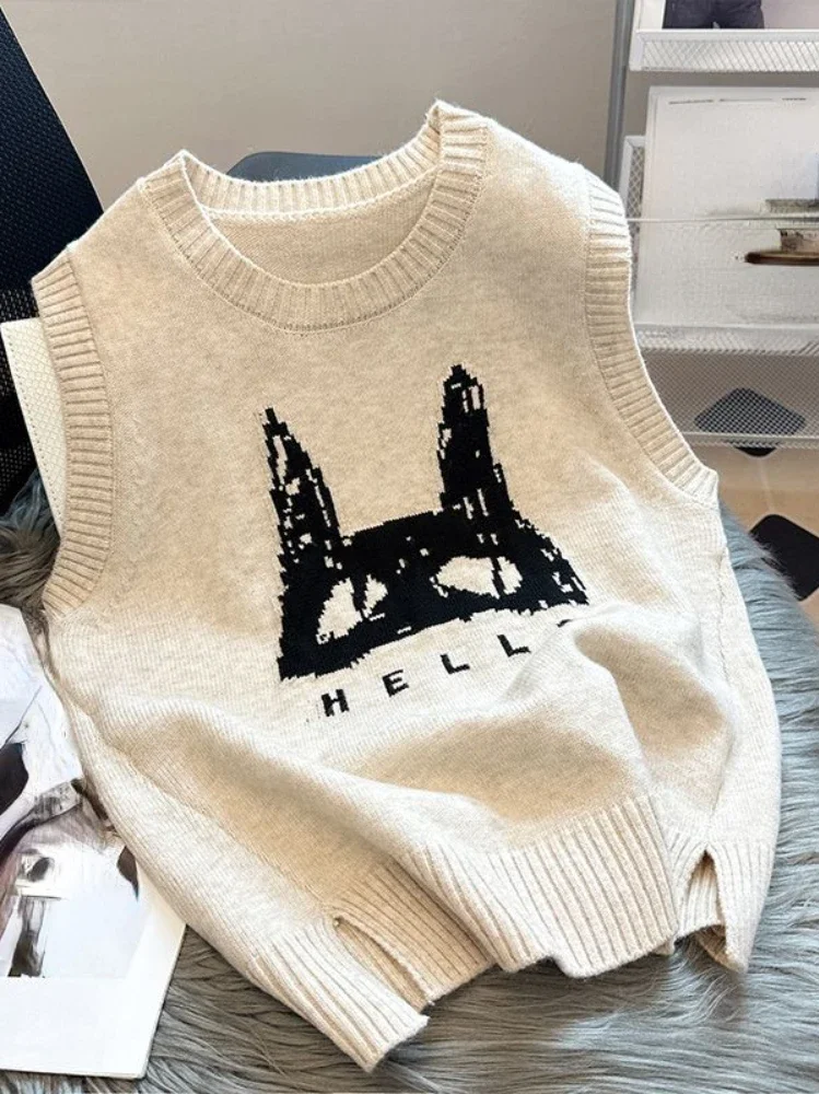 Lazy Style Pullover ärmellose Cartoon Jacquard Gabel ärmellose Kontrast farbe Pullover Weste lässig lose 2024 Frauen kleidung