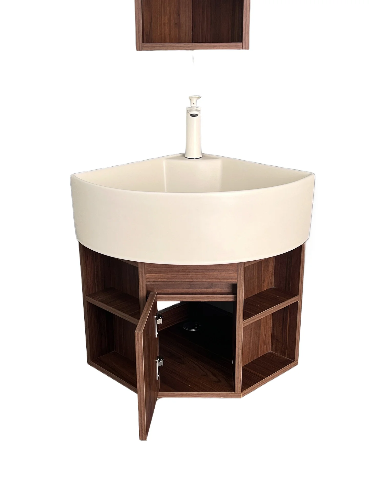 Small Apartment Medieval Style Walnut Corner Bathroom Triangle Cabinet Ceramic Integrated Basin Hand Wash Basin Cabinet