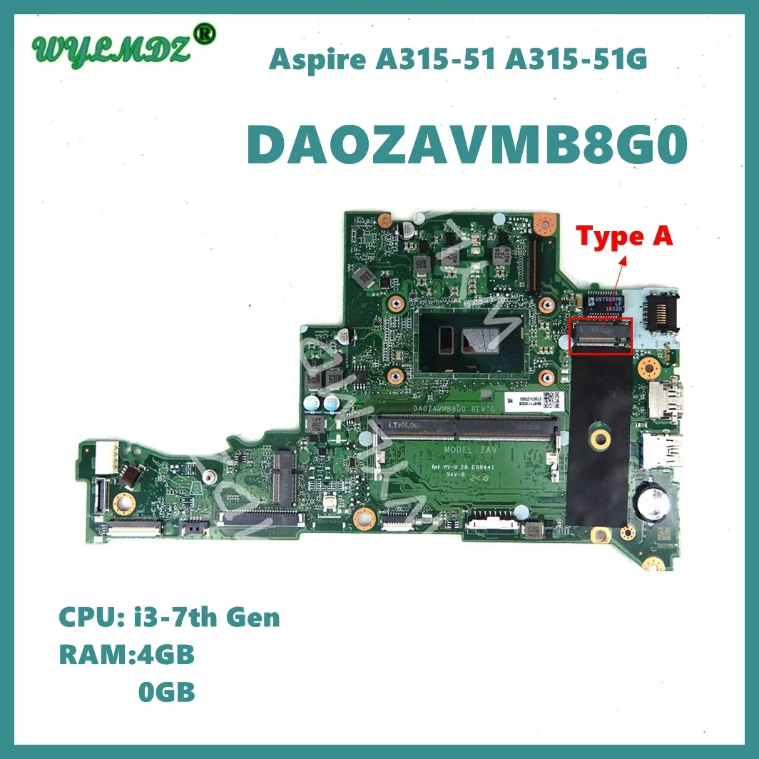 DA0ZAVMB8G0 With 4415U i3-6th 7th Gen CPU 0GB/4GB-RAM Notebook Mainboard For ACER Aspire A315-51 A315-51G Laptop Motherboard