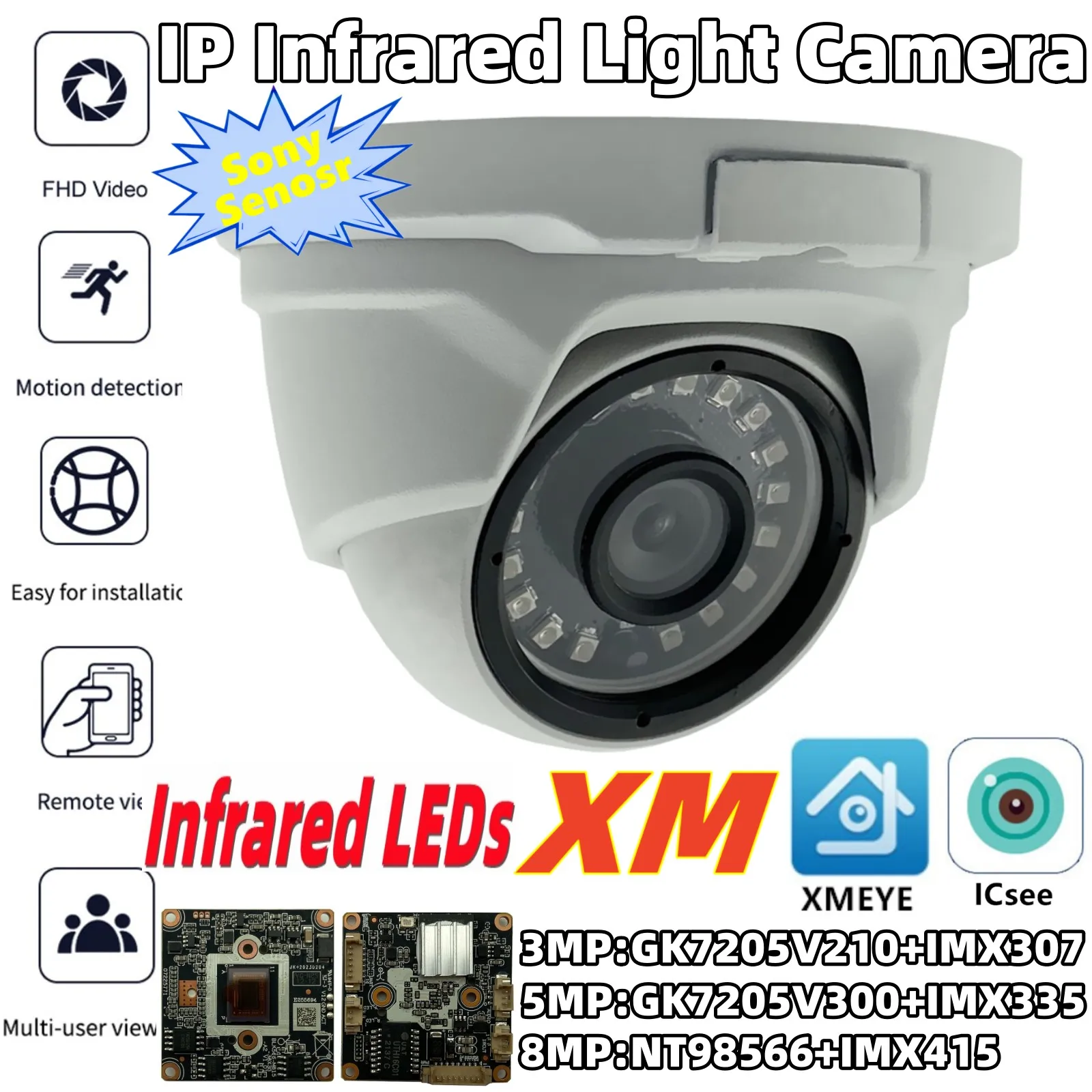 4K 8/5/3MP Low illumination IMX307 IMX335 NT98566+IMX415 IP Metal Dome Camera IRCut P2P Onvif XMEYE ICsee NightVision Radiator