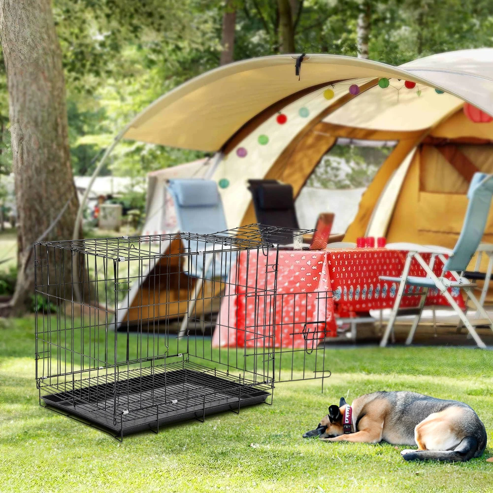 Tieker Black Metal Bold Dog Cage Kennel Small and Medium Pet Cage with 2 Doors and Tray Pet Fence Pet Supplies
