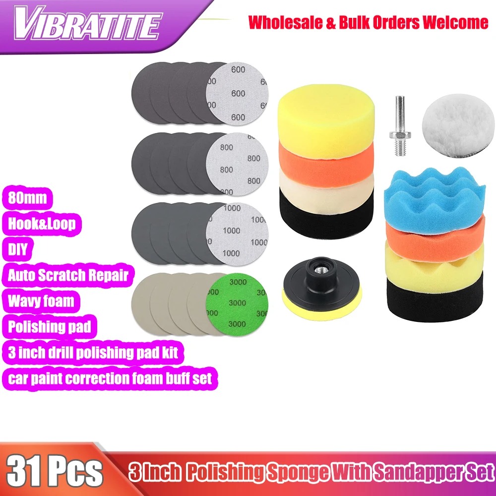 31 Pcs 3 Inch Car Polishing Pad Kit Drill Attachment 80mm Foam Buffing Sponge Wool Disc Sanding Discs Auto Paint Scratch Repair