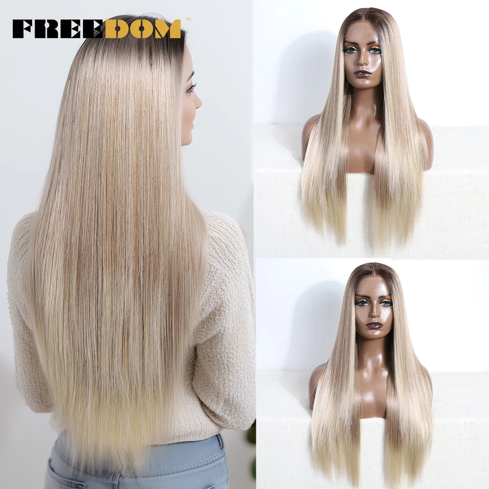 

FREEDOM Straight Synthetic Lace Front Wigs For Women Ombre Brown Blonde Red Wig 28 Inch Long Soft Lace Wig Cosplay Wigs