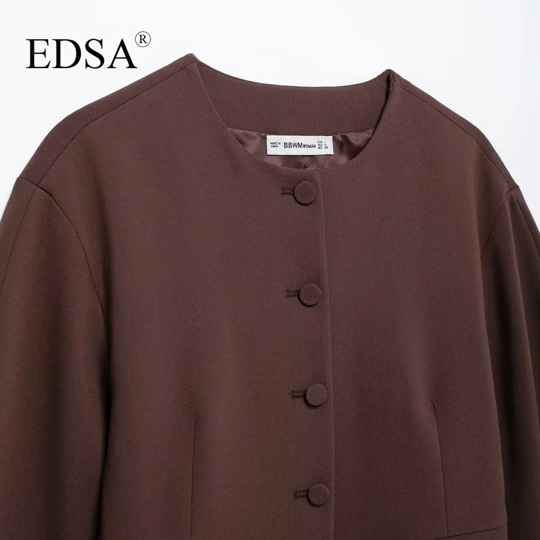 EDSA Women Balloon Blazer Brown Single Breasted Round Neck Long Sleeves Drop-shoulder Cropped Jacket for Office Lady Coat