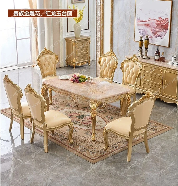 European dining table solid wood marble surface gold painted square dining table villa set