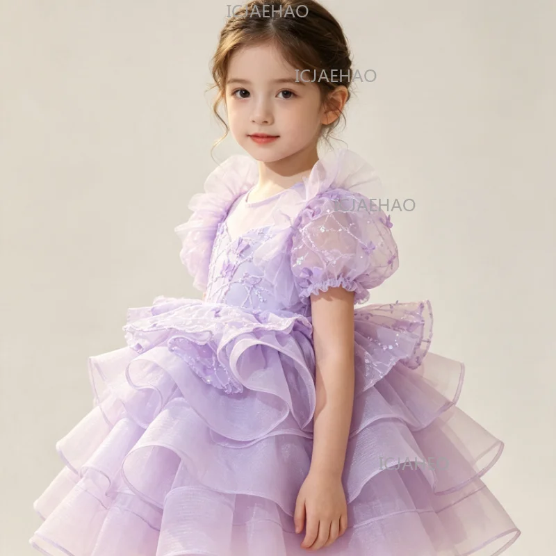Kids Formal Purple Girls Princess Gown Birthday Party Banquet Elegant Fashion Flower Girl Children Lace Tutu Sweet Cute Clothes