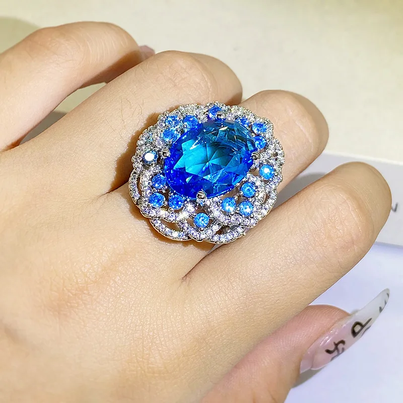 Women's Sparkling Blue Zircon Large Flower Ring, 925 Silver