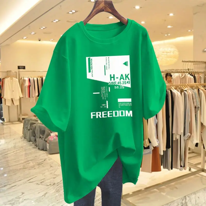 

Женский модный Свободный пуловер с буквенным принтом, летняя новая Повседневная футболка из чистого хлопка с круглым вырезом и коротким рукавом, Женский базовый топ, футболка