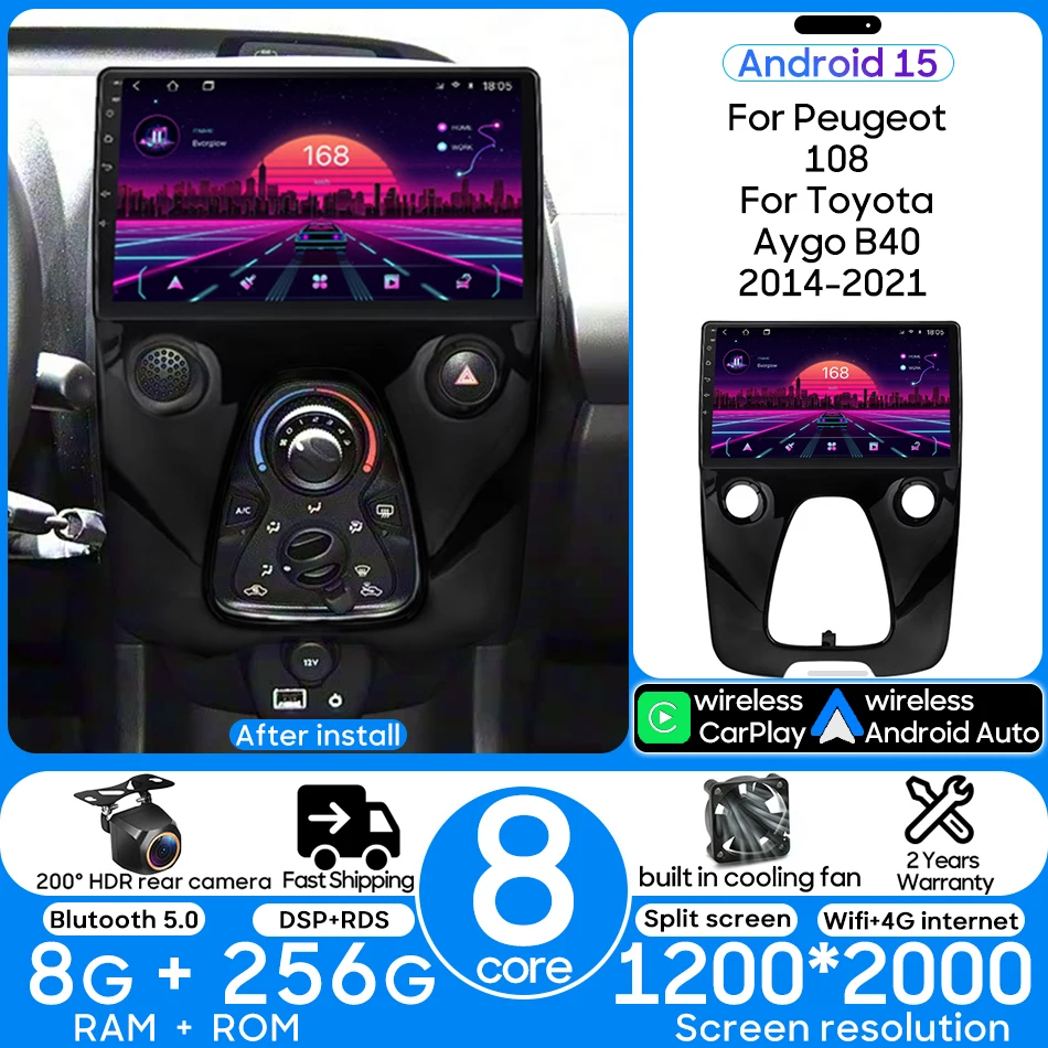 Android Auto CarPlay For Peugeot 108 For Toyota Aygo B40 2014 - 2021 Car Radio Multimedia Video Player Navigation GPS 2din DVD