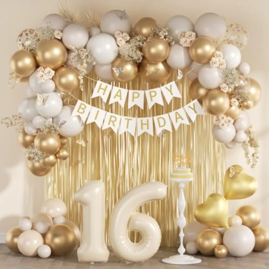 

Сладкие украшения для вечеринки по случаю дня рождения с баннером с днем рождения, занавеской с бахромой, белое золото, воздушные шары с конфетти, номер, сердце, фольга Ba