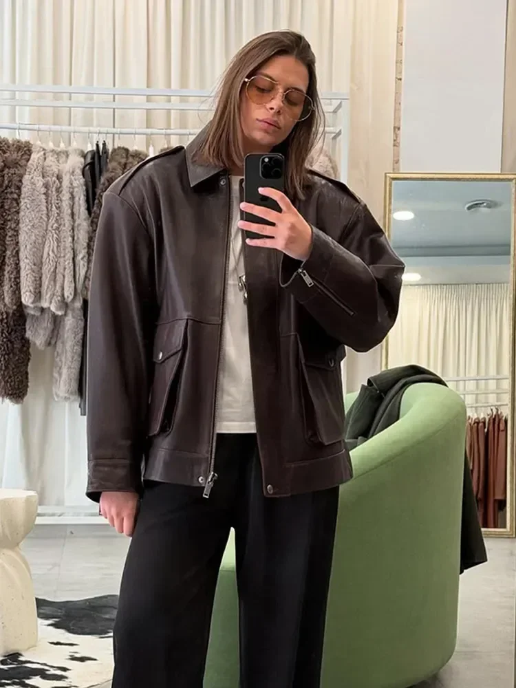 

Casual Leather Zipper Full Sleeves Jacket Fashion Lapel Collar Pockets Woman Short Coat 2025 New Female Autumn Commuting Wear