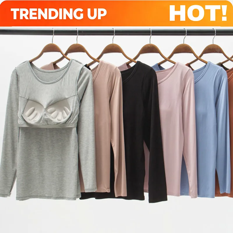 Customization Long-Sleeved Sleep Tops Chest Pad Modal Women Bra Cup One-Piece Pajamas Underwear Bottoming Shirt Pyjama Femme T-s