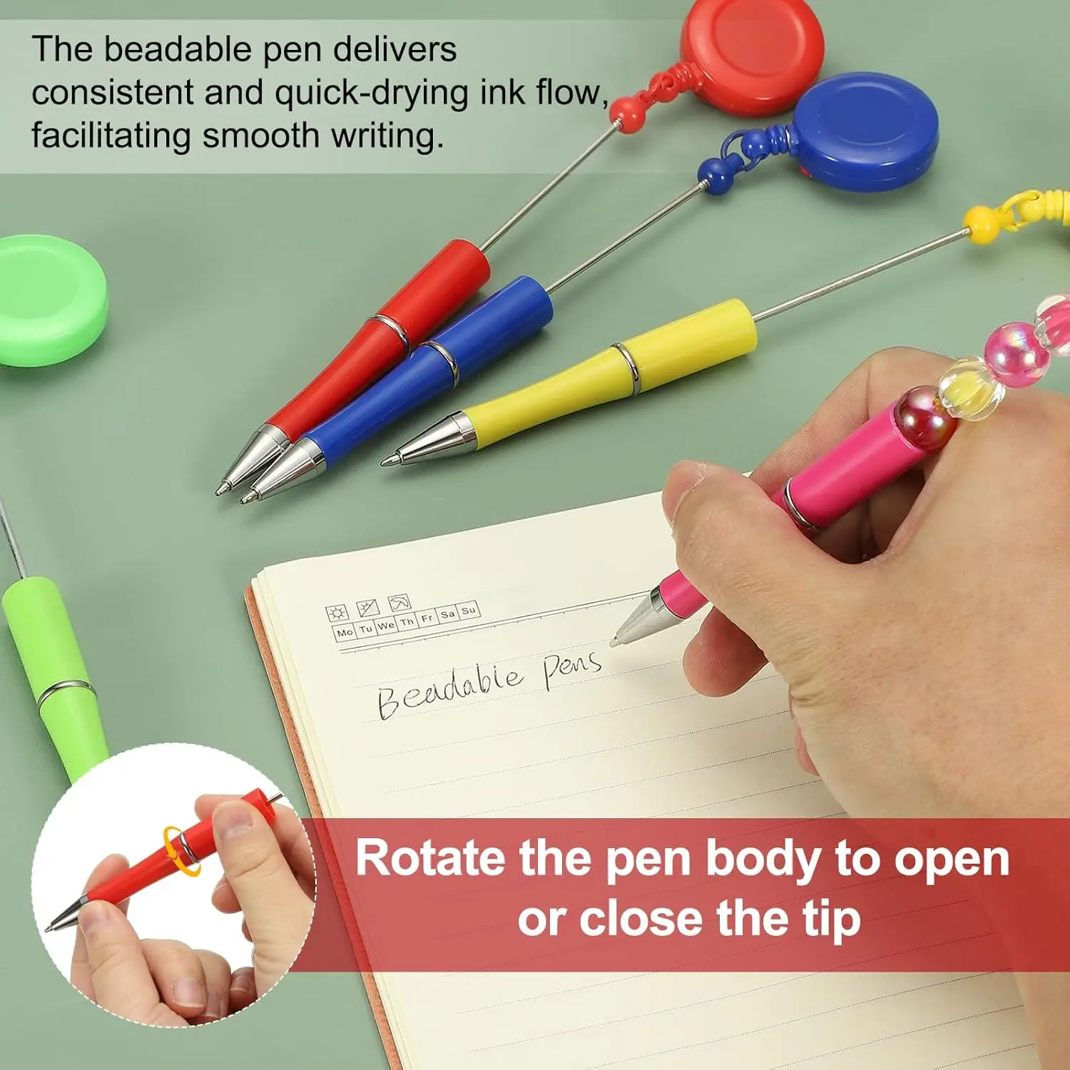 10 Pcs Retractable Badge Reel Beadable Pen Bulk Beaded Ballpoint Pen Black Ink for DIY Making, Office Worker, Waitress, Writing